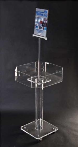 Clear plexiglass promotional display stand with card holder and casters