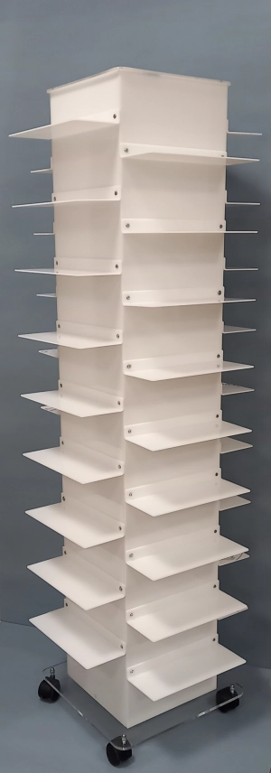 Clear plexiglass footwear display stand with 36 shelves and casters