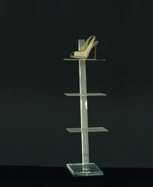 Plexiglass footwear/leather goods display stand with 3 front shelves