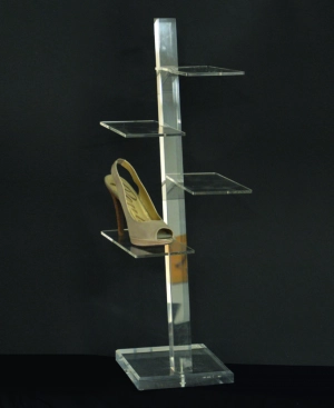 Plexiglass footwear/leather goods display stand with 4 shelves