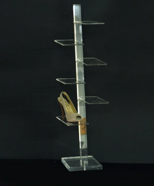 Plexiglass footwear/leather goods display stand with 6 shelves
