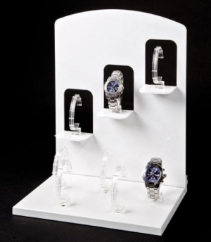 White plexiglass multi watch display stand with 8 holders