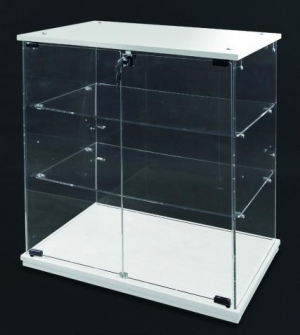 Lockable plexiglass showcase with white wooden base and top